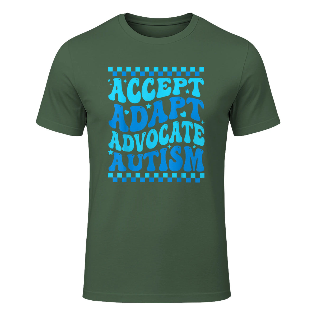 Accept Adapt Advocate Autism Awareness T-Shirt in Military Green - front view