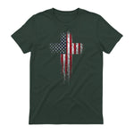 American USA Flag Christian Cross T-Shirt in Forest Green - back view