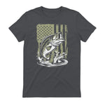 Fishing Camo Bass Fish American Flag Men's Fisherman Gift T-Shirt in Charcoal - back view
