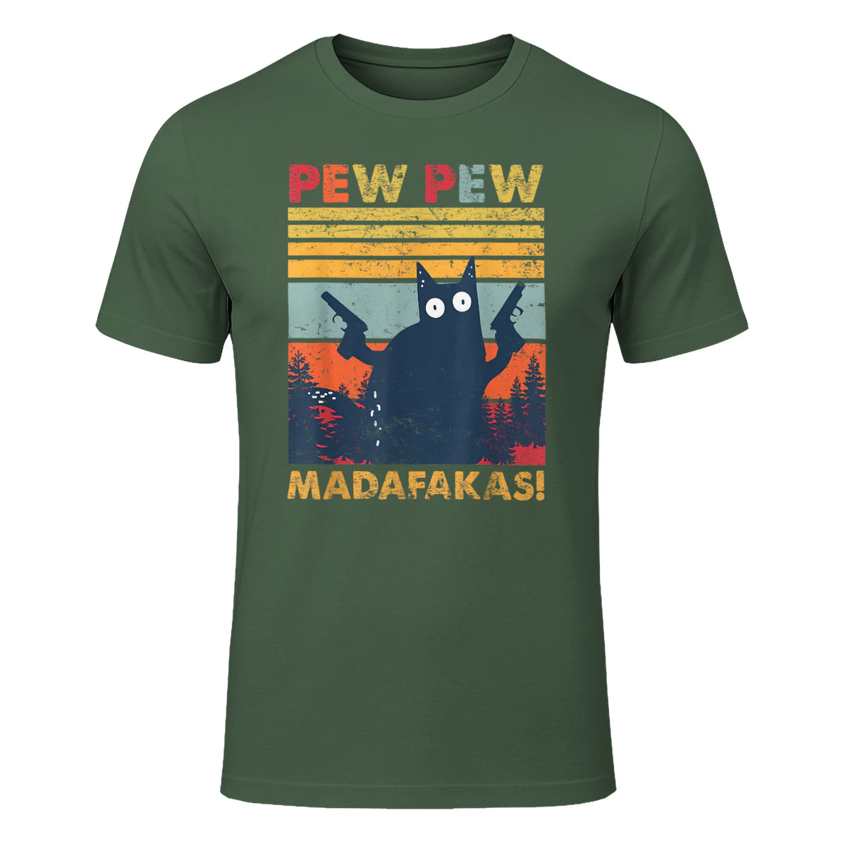 Pew Pew Madafakas Vintage verrückte Katze lustige Grafik in Military Green - front view