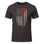 Vintage American Flag Lacrosse Youth Apparel, Boys Men USA T-Shirt in Dark Chocolate - front view
