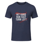 Hit Hard Run Fast Turn Left Funny Baseball Player & Fan T-Shirt in Heather Navy - front view