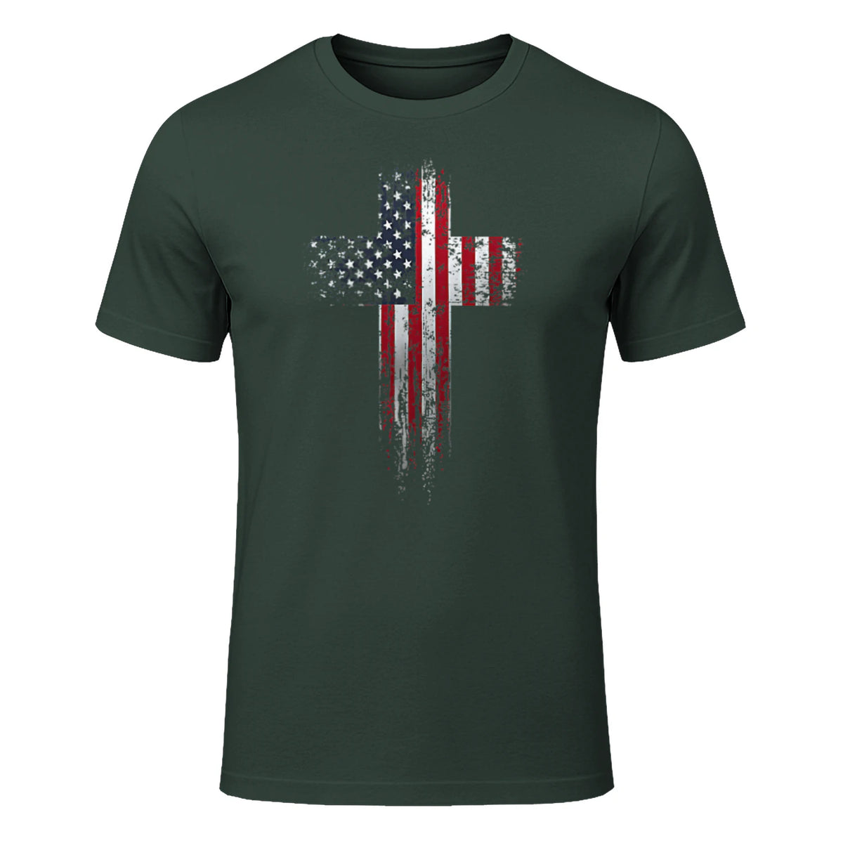 American USA Flag Christian Cross T-Shirt in Forest Green - front view