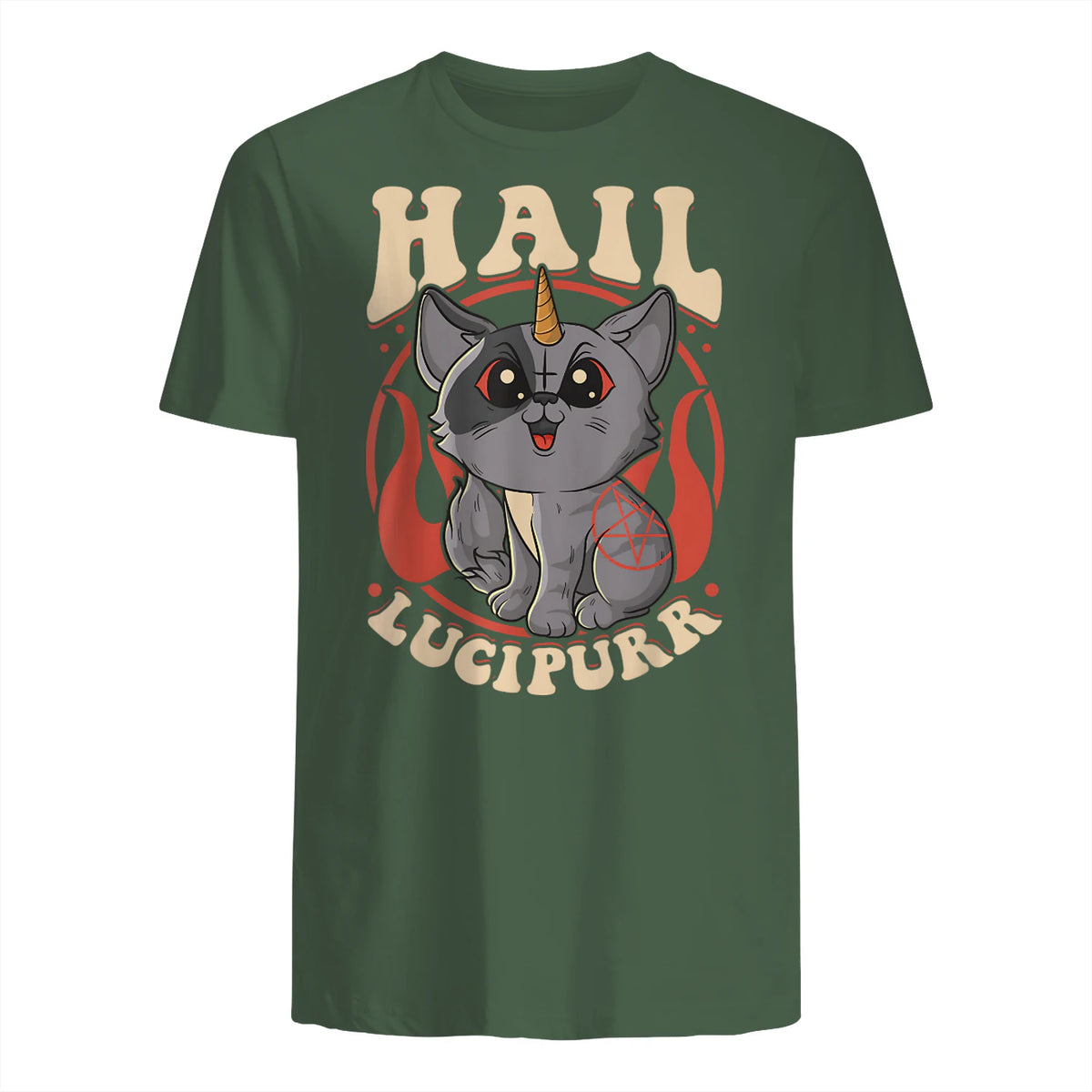 Cute & Funny Satanic Hail Lucipurr Rainbow Kitty Goth in Military Green - back view