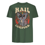 Cute & Funny Satanic Hail Lucipurr Rainbow Kitty Goth in Military Green - back view