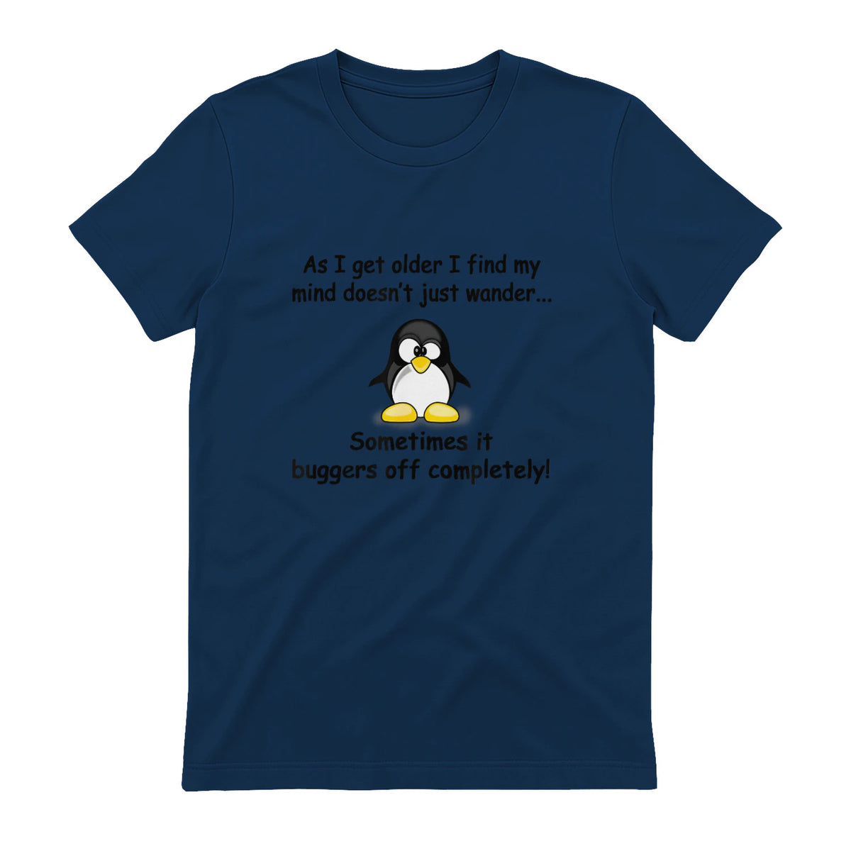 Funny silly penguin t-shirt mens ladies retirement gift in Navy - back view