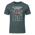 Types Of Dinosaurs Alphabet Dino Identification T-Shirt in Dark Heather - front view