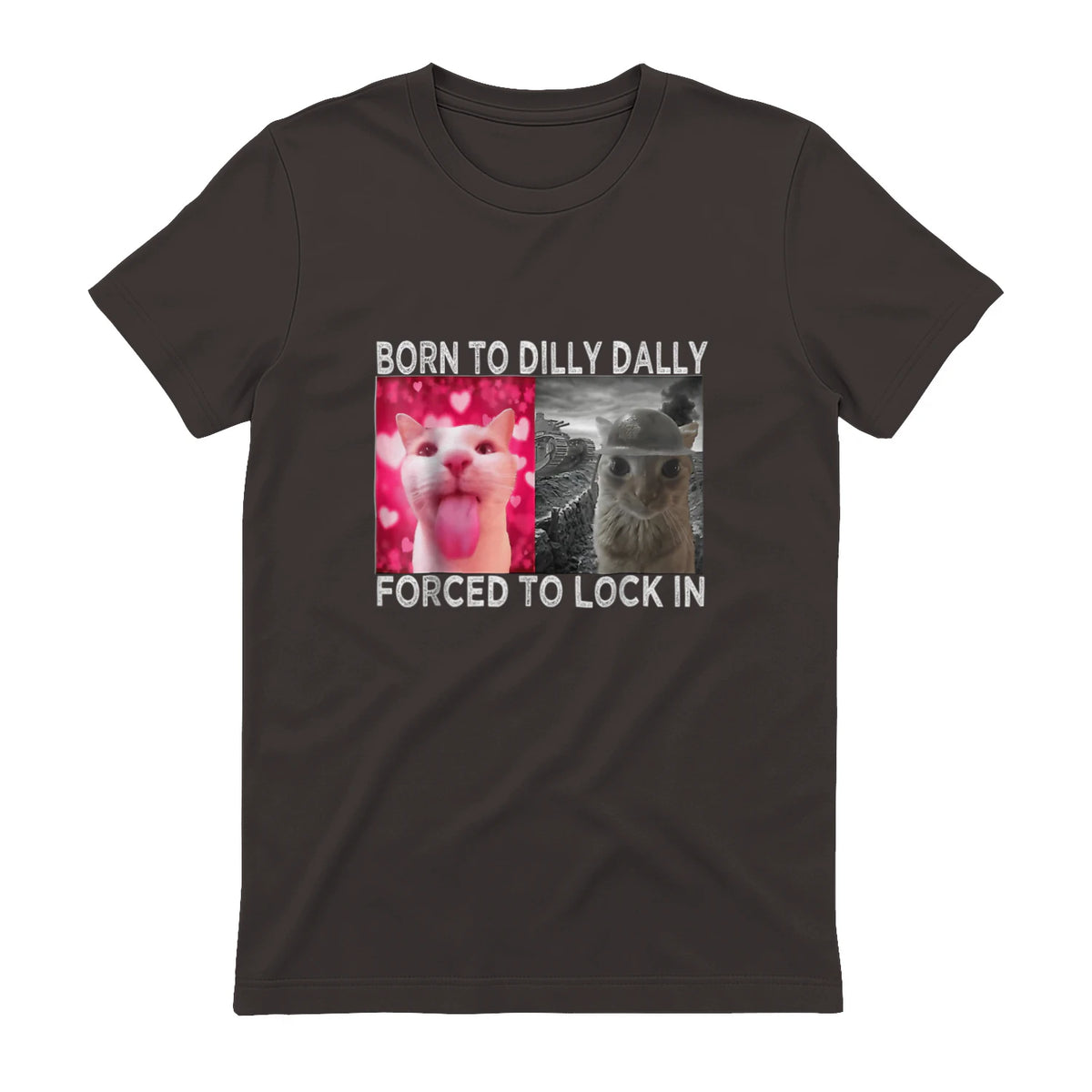 Born to Dilly Dally Forced to Lock in Cat Meme T-Shirt in Dark Chocolate - back view