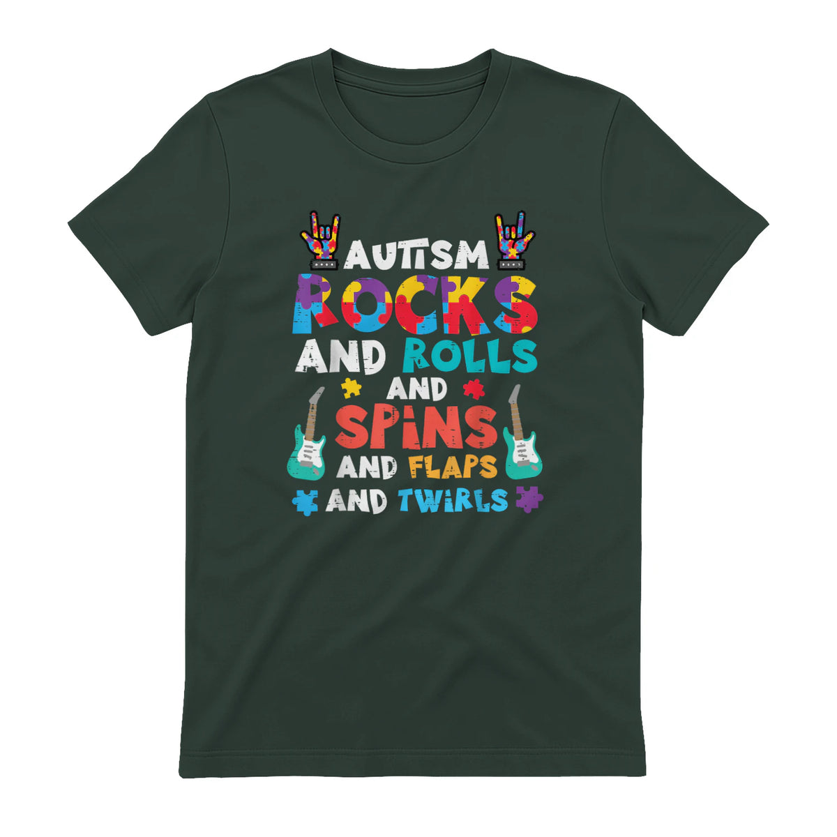 Autism Rocks Rolls Spins Flaps Awareness Boys Kids Women Men in Forest Green - back view