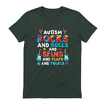 Autism Rocks Rolls Spins Flaps Awareness Boys Kids Women Men in Forest Green - back view
