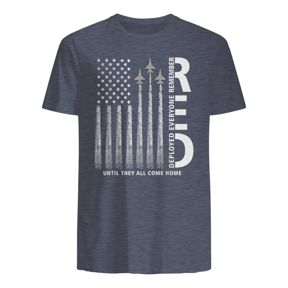 Remember Everyone Deployed RED Friday Military American Flag T-Shirt in Heather Navy - back view