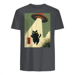 Vintage Japanese Cat Alien Cat Dad UFO Abduction Graphic Tee T-Shirt in Charcoal - back view
