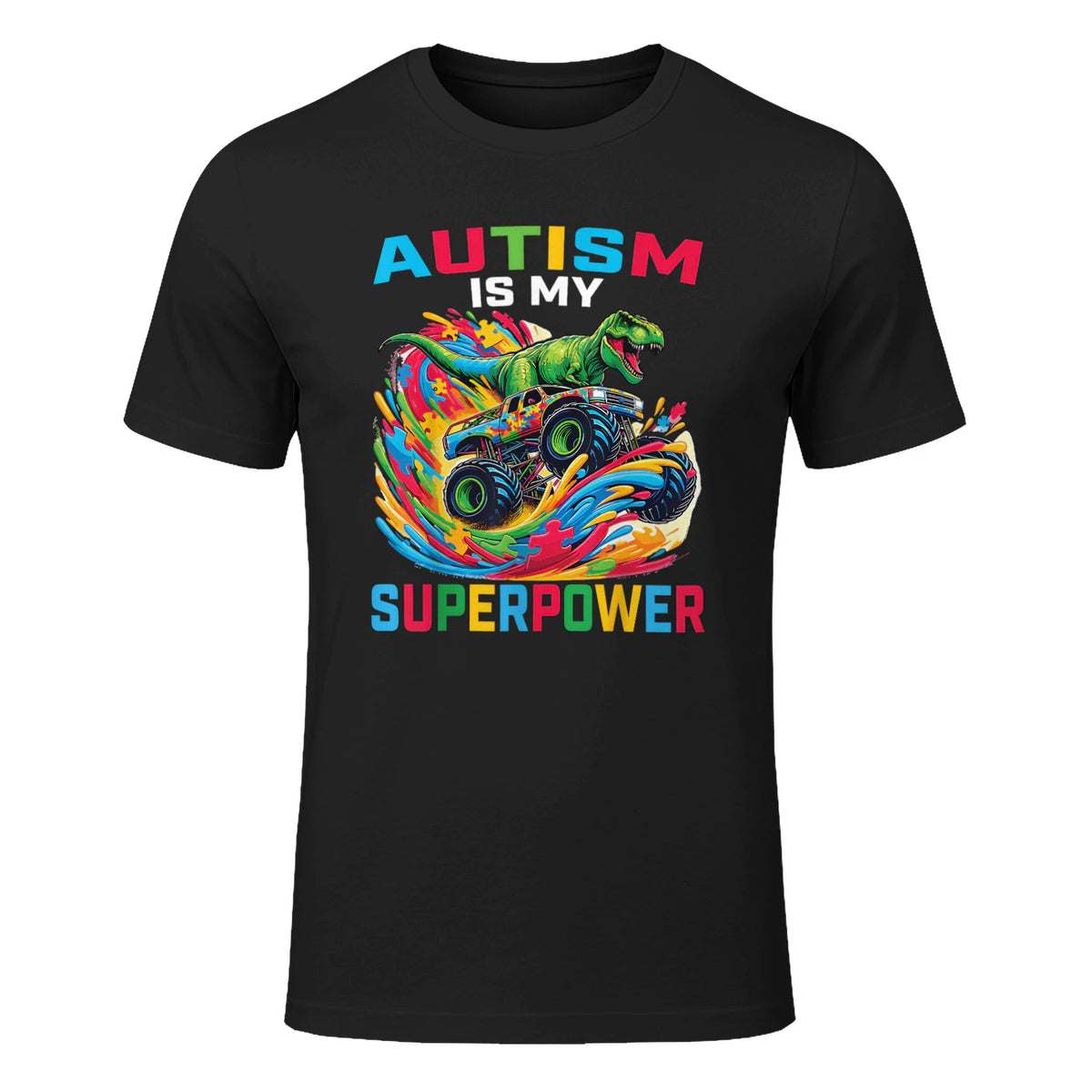 Autism is My Superpower Dino T Rex Monster Truck Kids Boys in Black - front view
