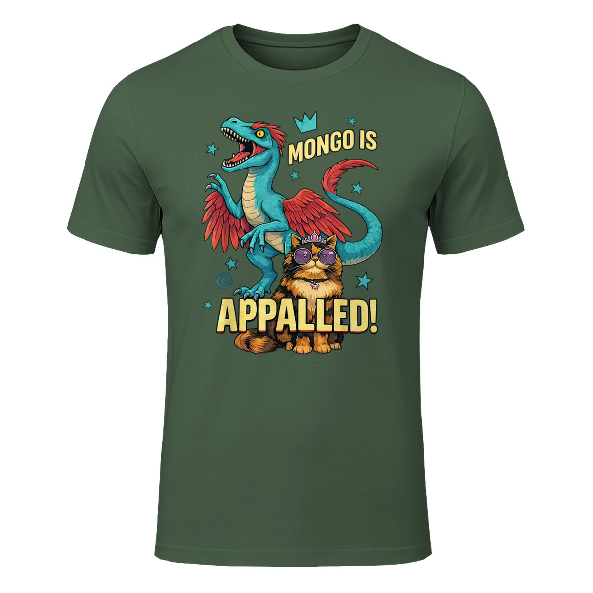 Retro Mongo is Appalled Princess Cat Riding Dinosaur Womens T-Shirt in Military Green - front view