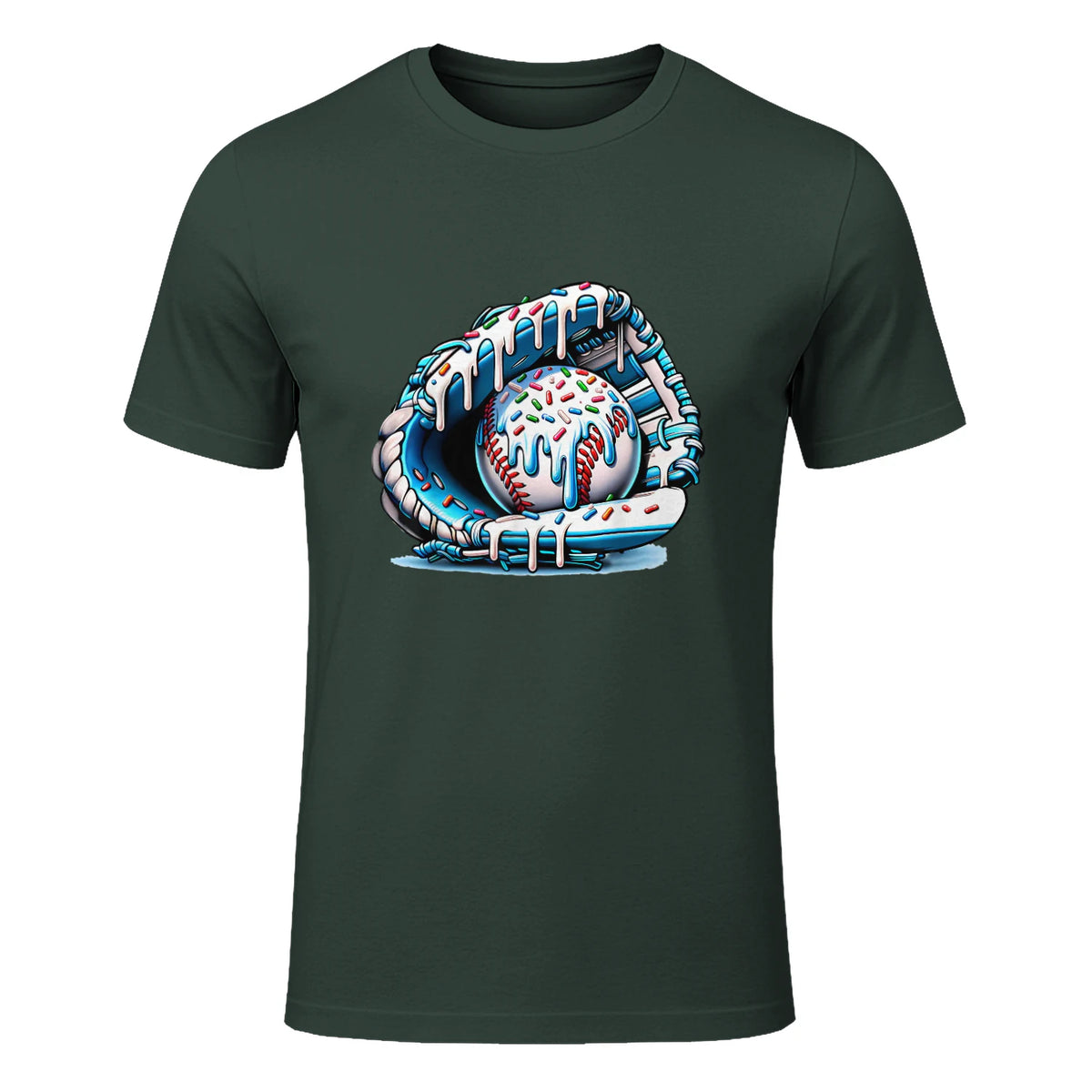 Baseball Drip Ice Cream Sprinkles Baseball Glove T-Shirt in Forest Green - front view