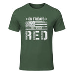 On Friday We Wear Red American Flag Military Supportive T-Shirt in Military Green - front view