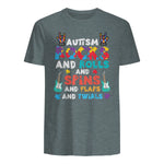 Autism Rocks Rolls Spins Flaps Awareness Boys Kids Women Men in Dark Heather - back view