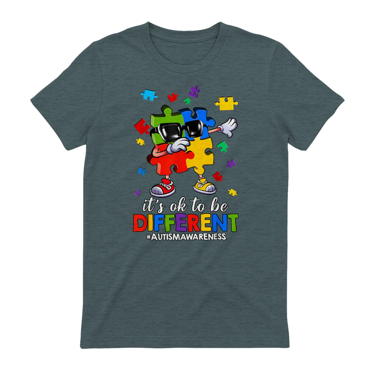 It's OK to Be Different Dabbing Puzzle Autism Awareness Kids in Dark Heather - back view