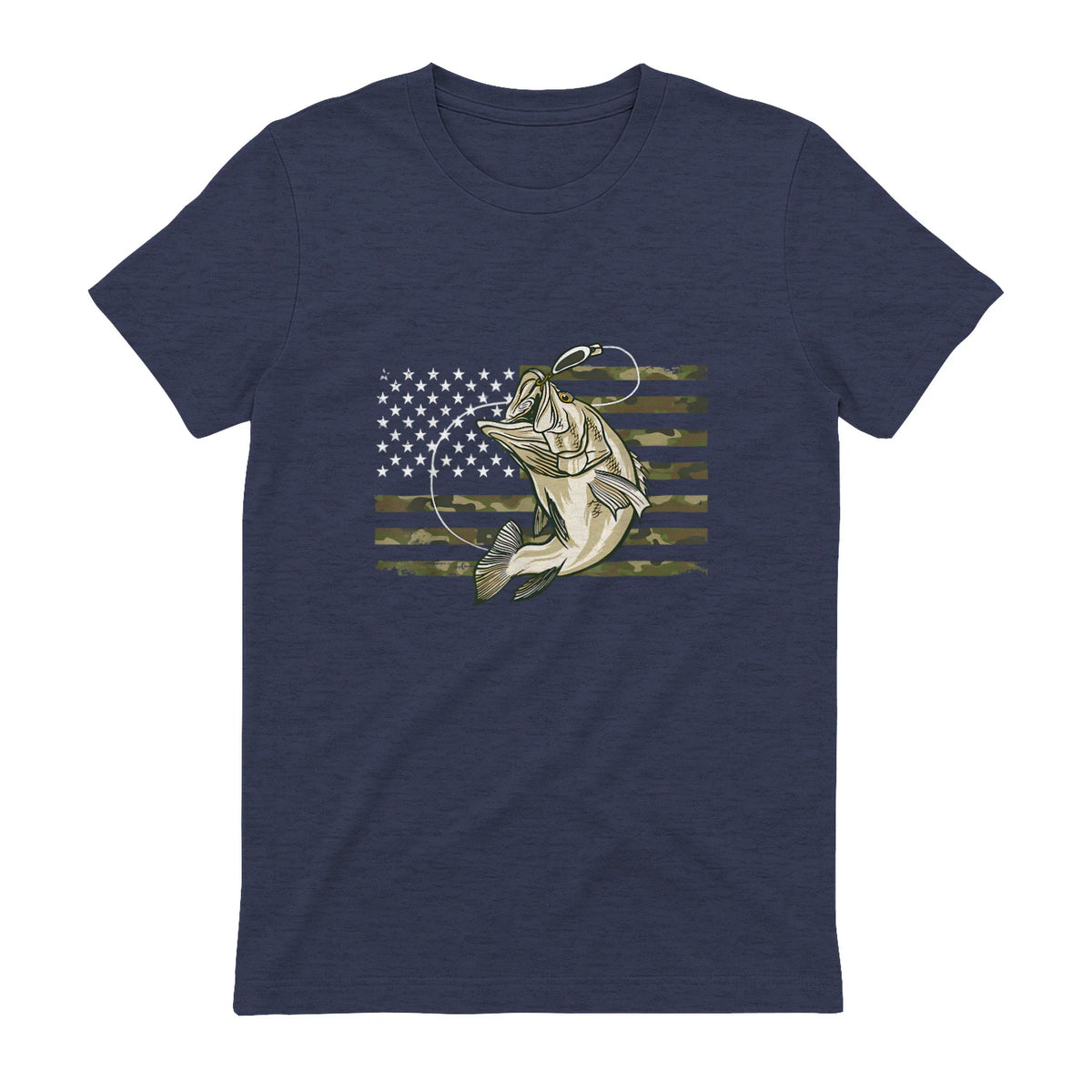 Fishing Camouflage US American Flag Bass Fish Fisherman Camo T-Shirt in Heather Navy - back view