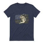 Fishing Camouflage US American Flag Bass Fish Fisherman Camo T-Shirt in Heather Navy - back view