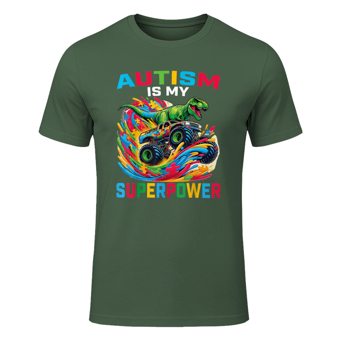 Autism is My Superpower Dino T Rex Monster Truck Kids Boys in Military Green - front view
