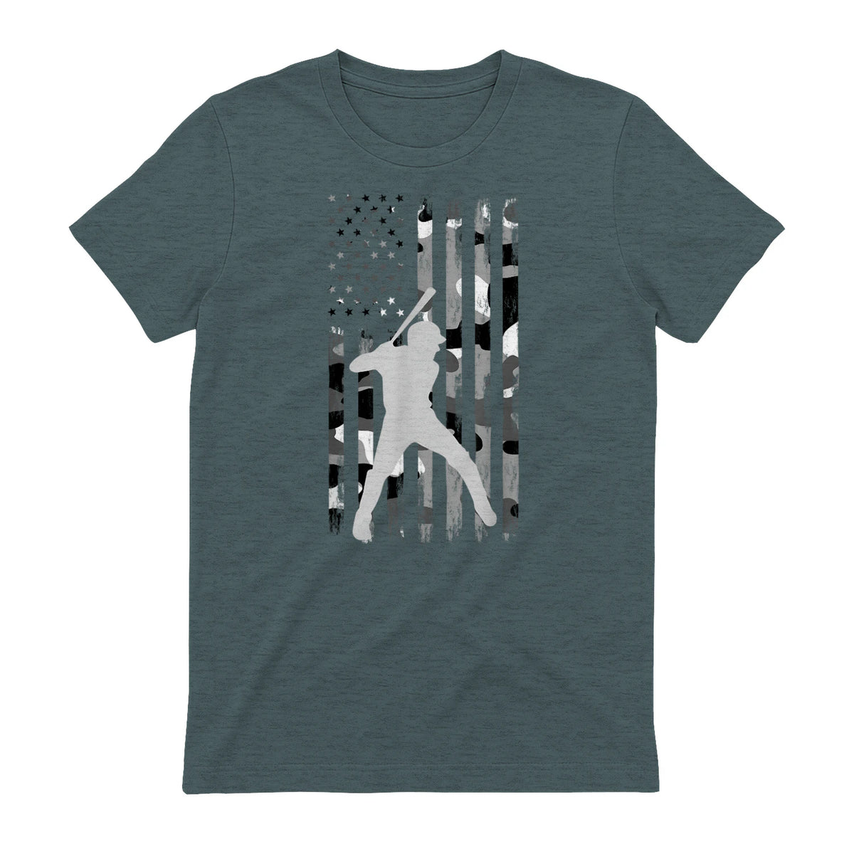 Baseball Player American Flag USA Camo Patriotic Graphic T-Shirt in Dark Heather - back view