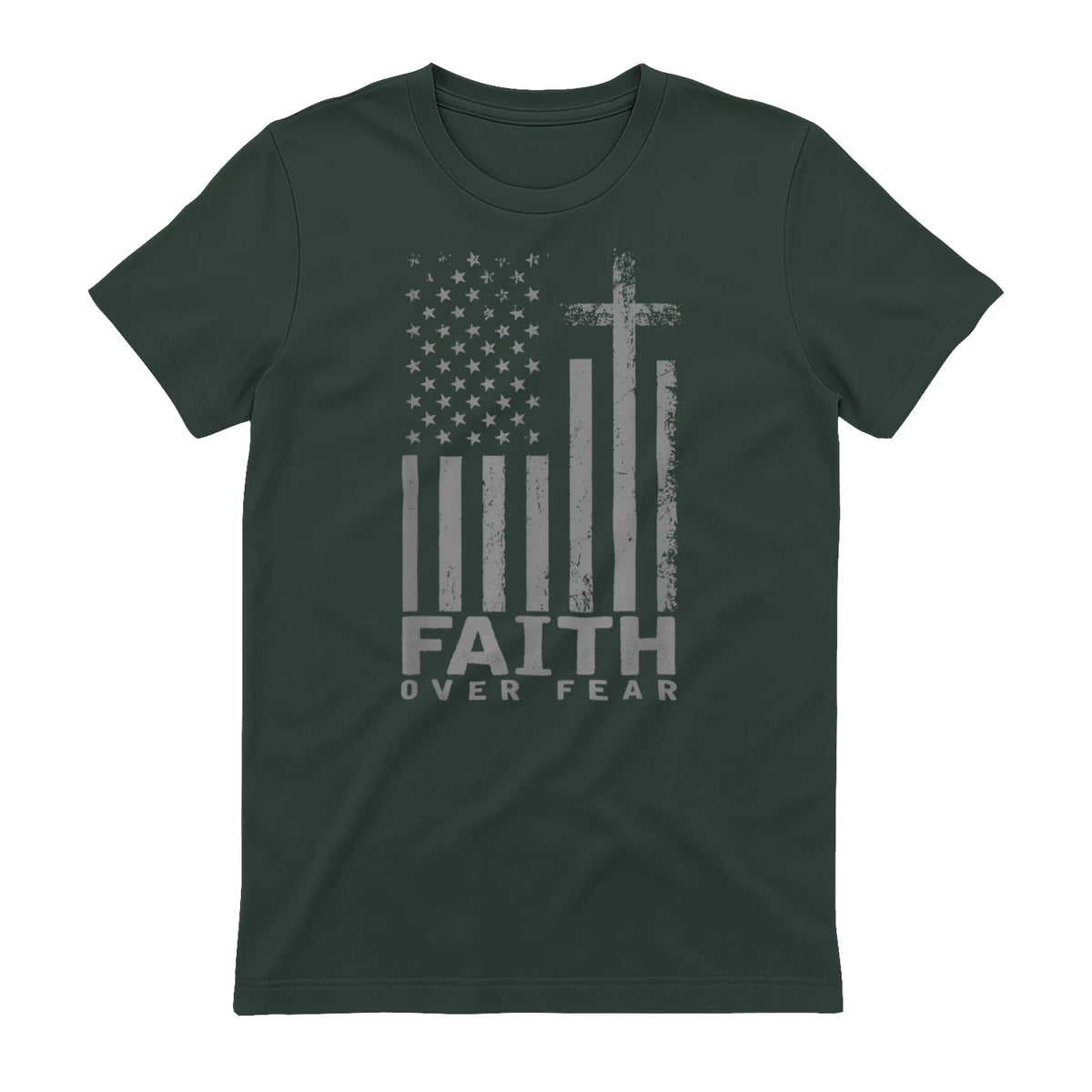 America Pride US Flag Faith Over Fear Prayer T-Shirt in Forest Green - back view