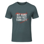Hit Hard Run Fast Turn Left Funny Baseball Player & Fan T-Shirt in Dark Heather - front view