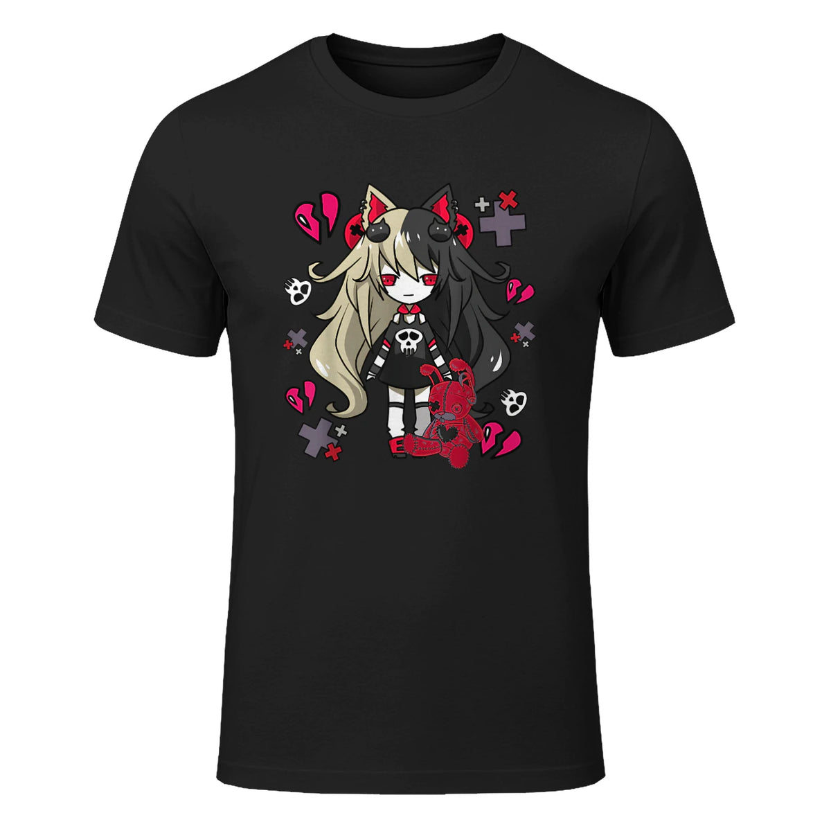 Chibi Kawaii Emo Pastel Goth Girl with Sad Bunny in Black - front view