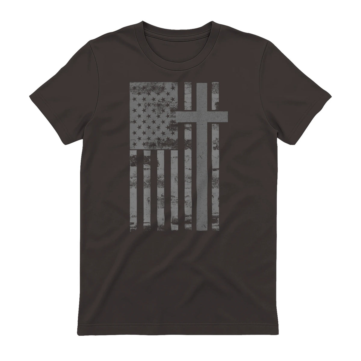 (Art) American Flag Christian Faith Cross Patriotic T-Shirt in Dark Chocolate - back view
