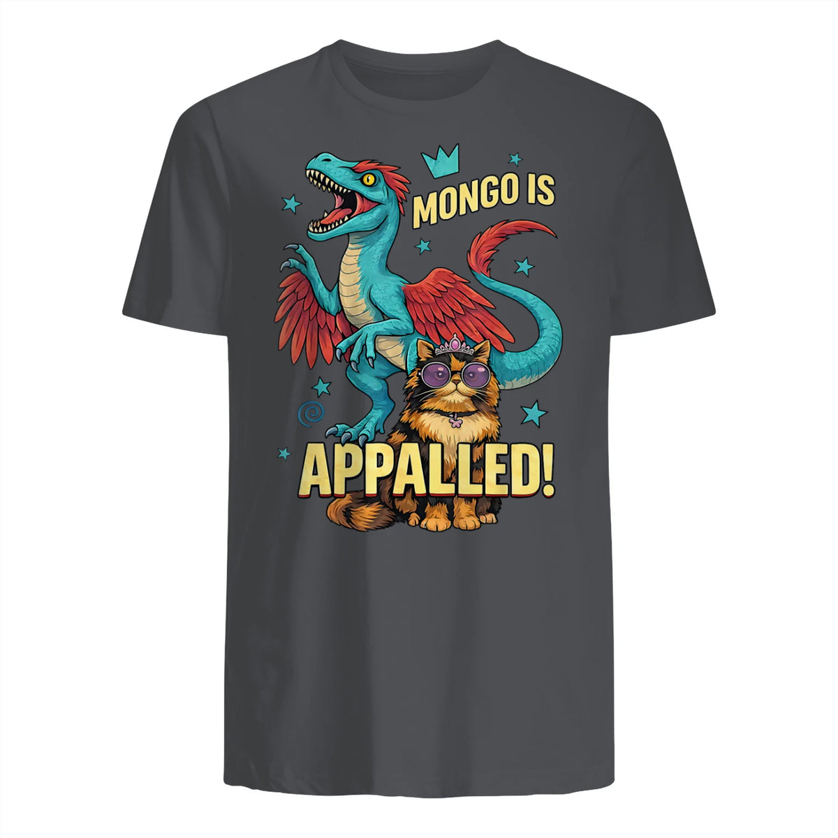 Retro Mongo is Appalled Princess Cat Riding Dinosaur Womens T-Shirt in Charcoal - back view