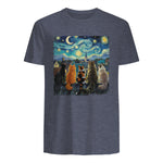 Funny Cat Starry Night Van Gogh Cats Rooftop Scene Feline T-Shirt in Heather Navy - back view