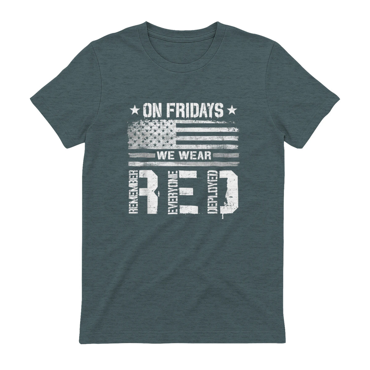 On Friday We Wear Red American Flag Military Supportive T-Shirt in Dark Heather - back view