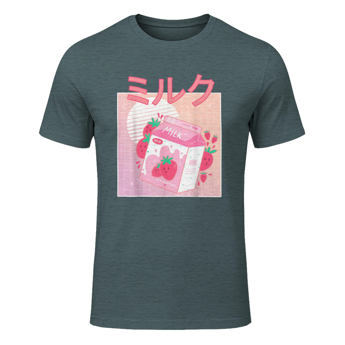 Funny Retro Nineties Japanese Kawaii Strawberry Milk Shake Carton T-Shirt in Dark Heather - front view