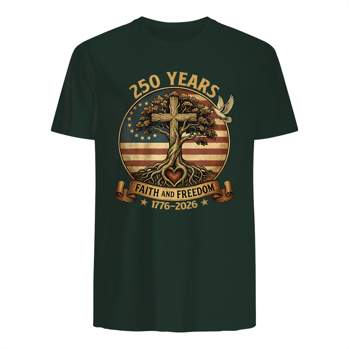 Faith and Freedom Christian USA Anniversary T-Shirt in Forest Green - back view