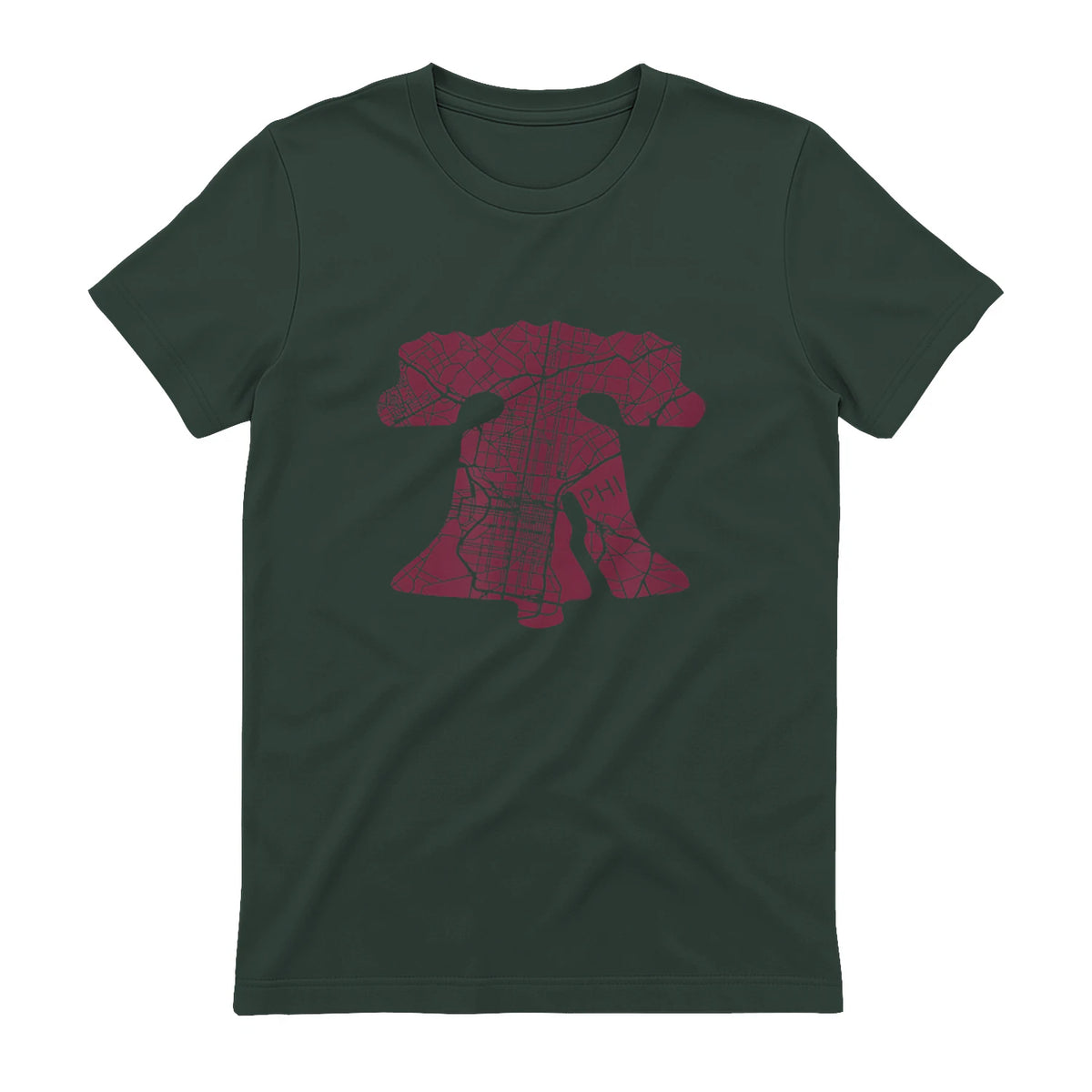 Philadelphia Street Map Liberty Bell Vintage Maroon Philly T-Shirt in Forest Green - back view