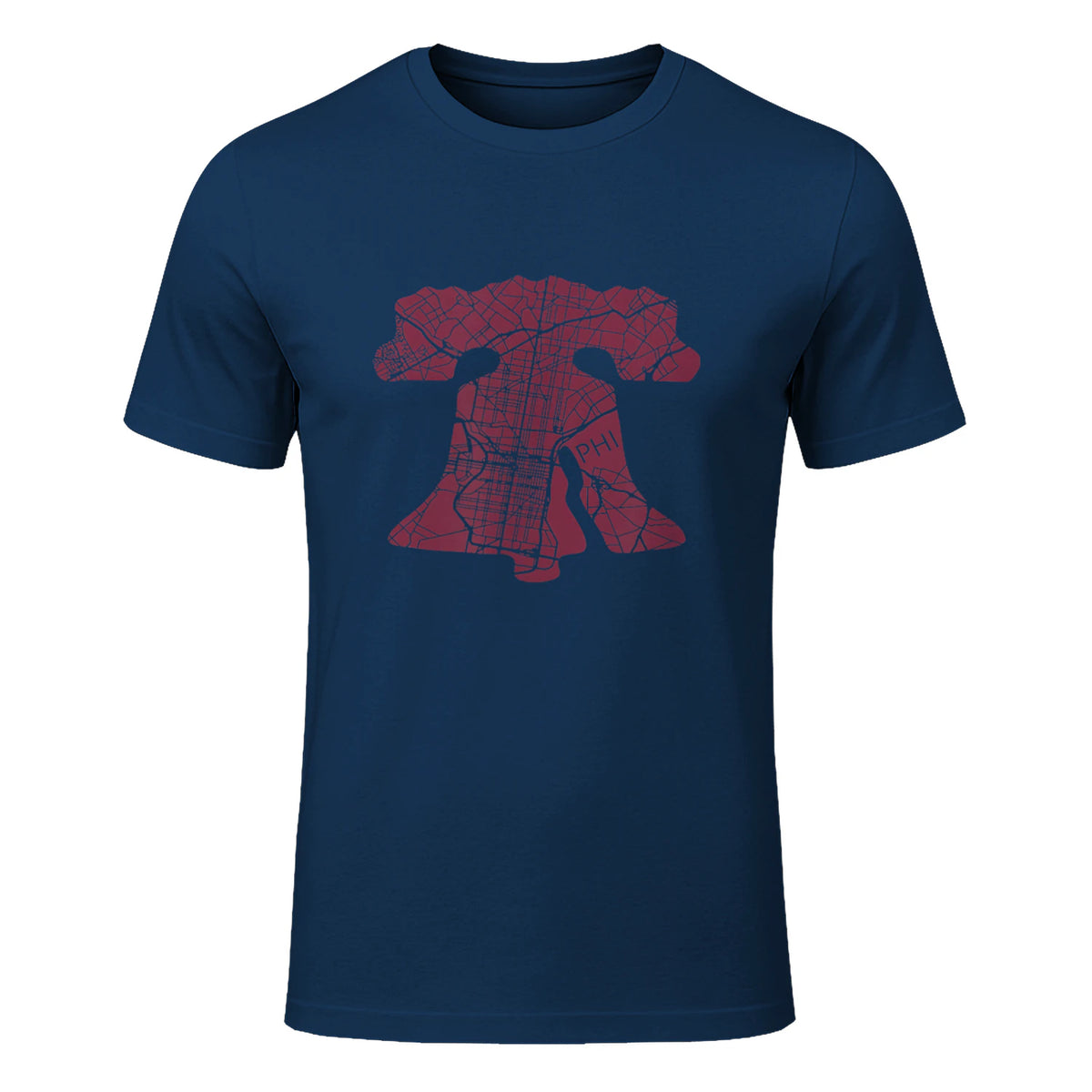Philadelphia Street Map Liberty Bell Vintage Maroon Philly T-Shirt in Navy - front view
