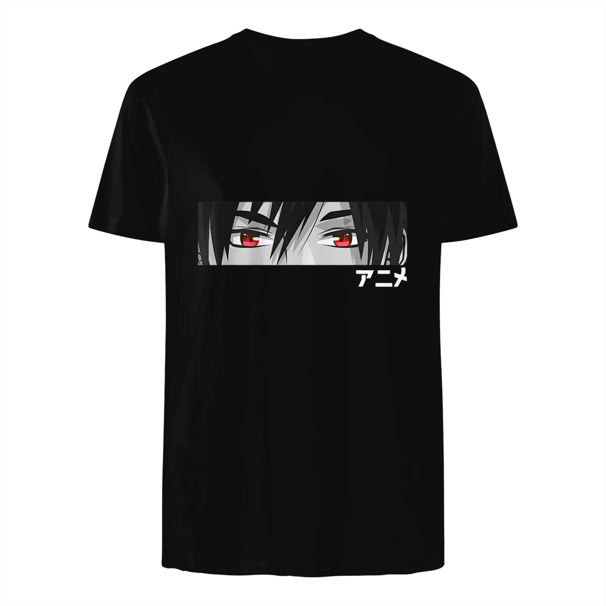 Anime in Japanese Characters Kawaii Eyes Face Short Sleeve in Black - back view