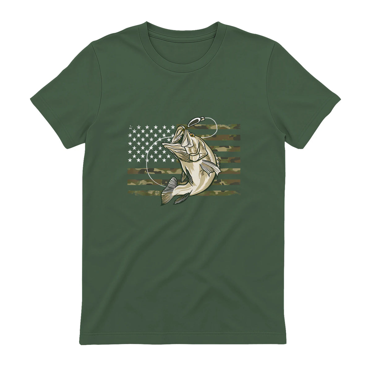 Fishing Camouflage US American Flag Bass Fish Fisherman Camo T-Shirt in Military Green - back view