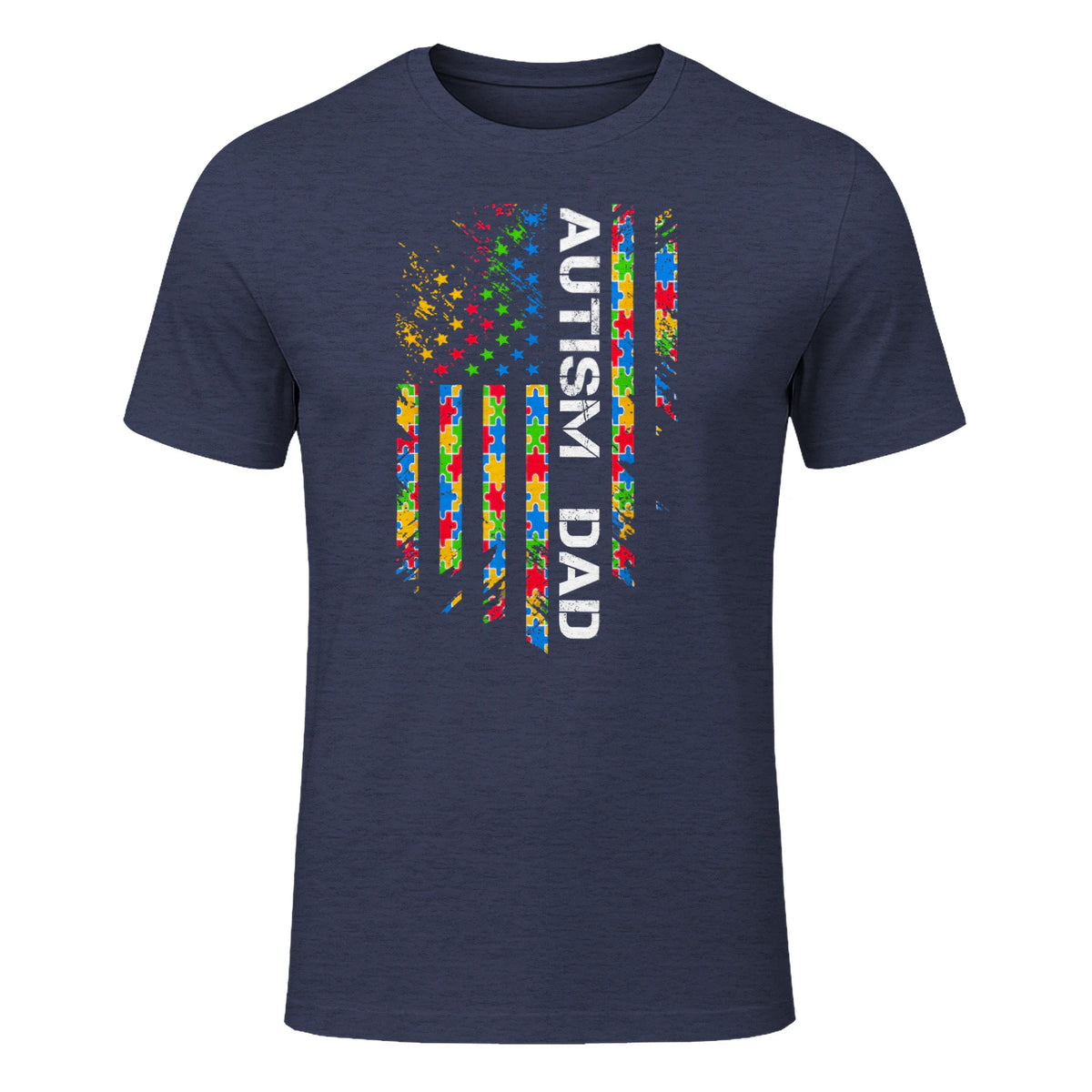 Autism Dad Awareness American Flag USA T-Shirt in Heather Navy - front view