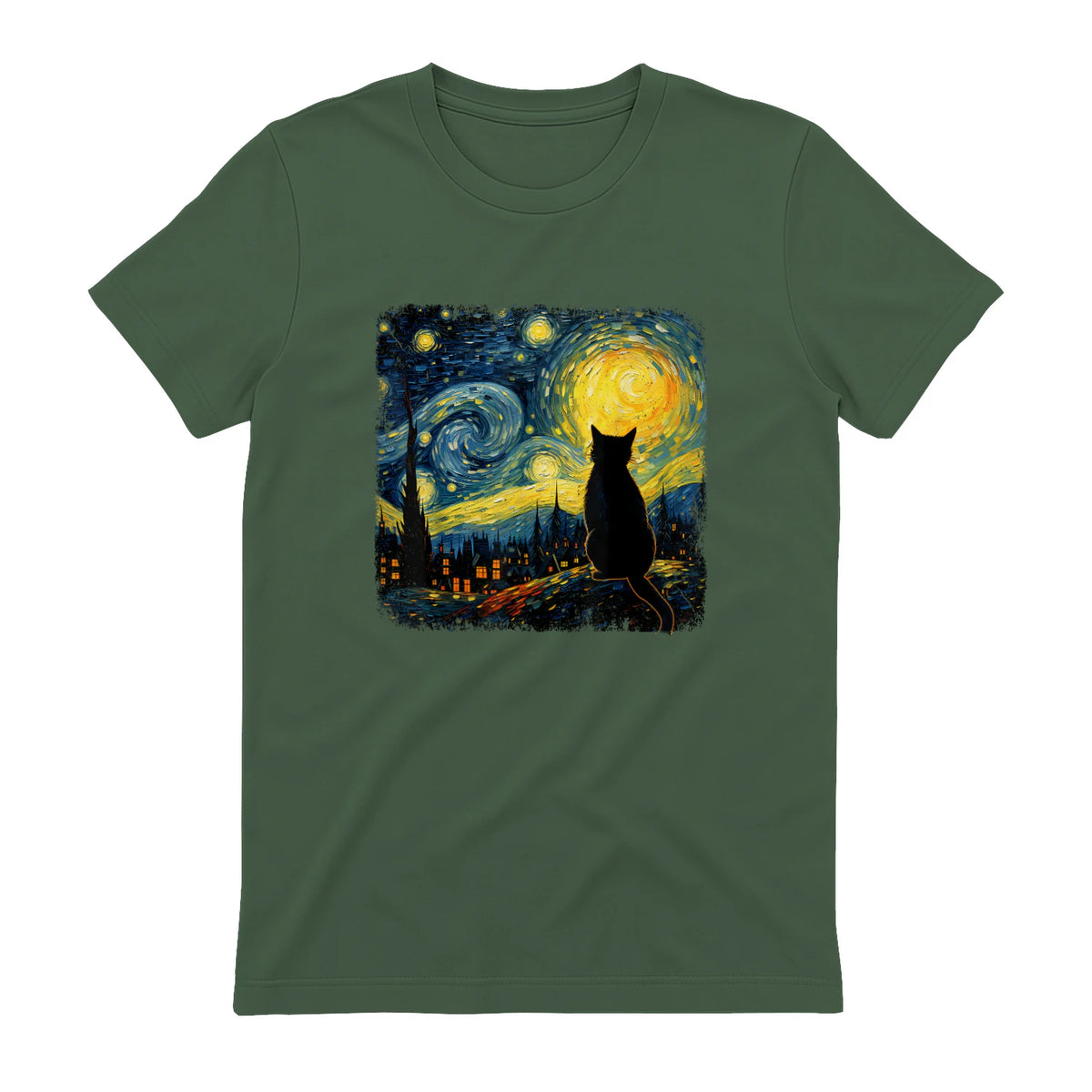 Starry Night Cat Lover T-Shirt in Military Green - back view