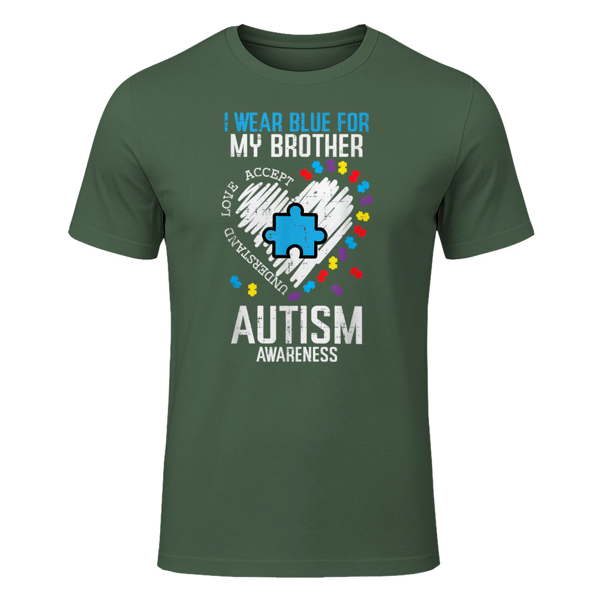 Blue for My Brother Autism Awareness Family Sister Sibling in Military Green - front view