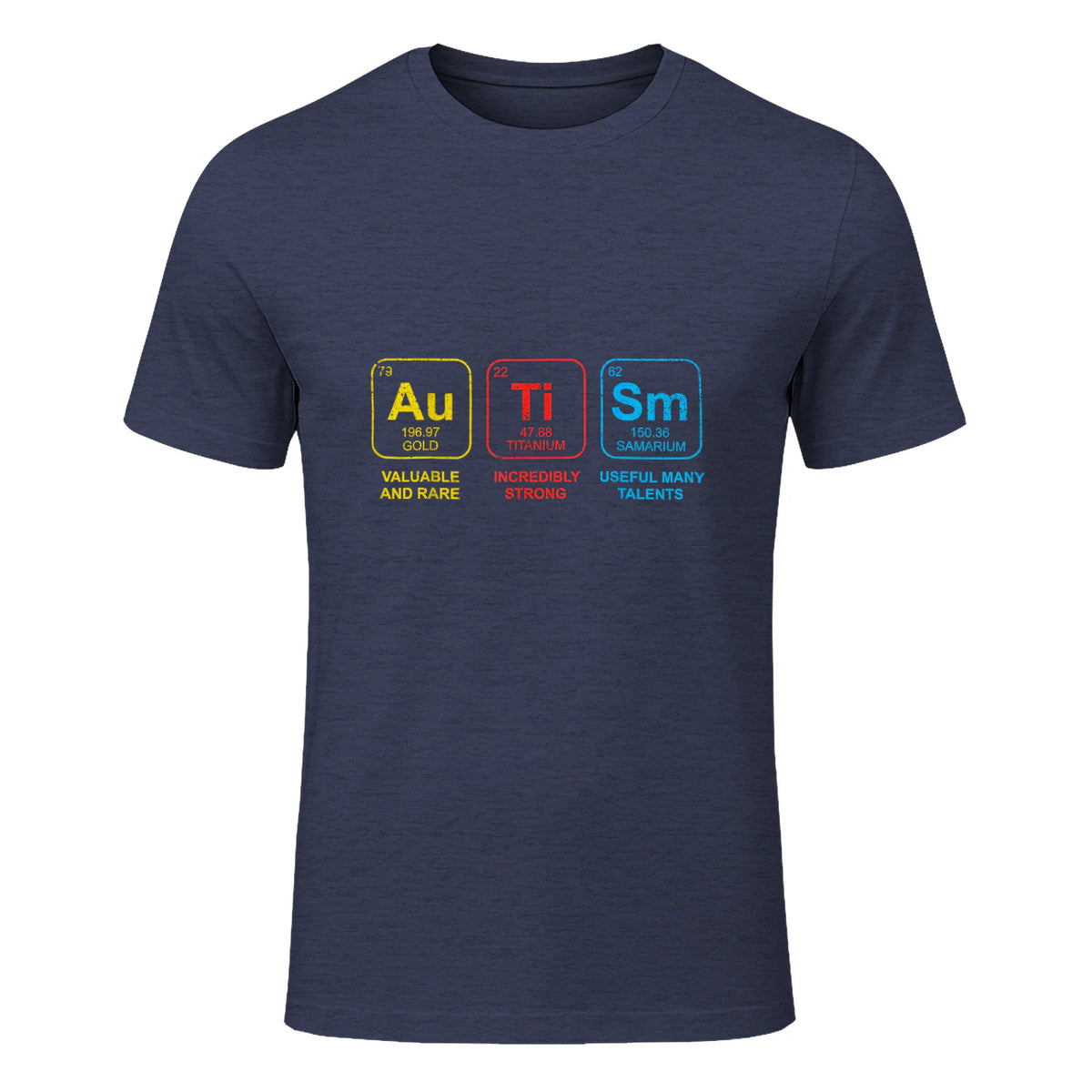 Autism Awareness Periodic Table ASD T-Shirt in Heather Navy - front view