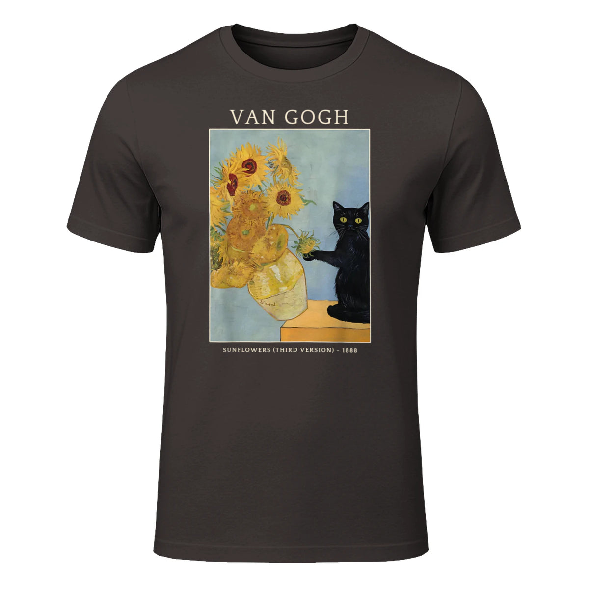Funny Cat & Sunflowers Van Gogh Art Parody Vintage T-Shirt in Dark Chocolate - front view