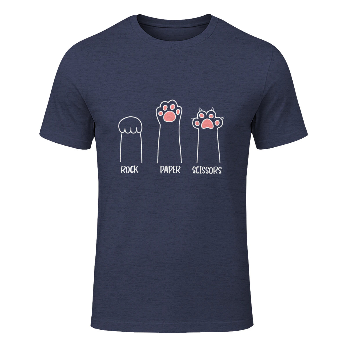 Introvert Cat Animal Rescue Pet Lover Apparel Rock Paper Scissors Hand Game Cute Paw Funny Cat T-Shirt in Heather Navy - front view