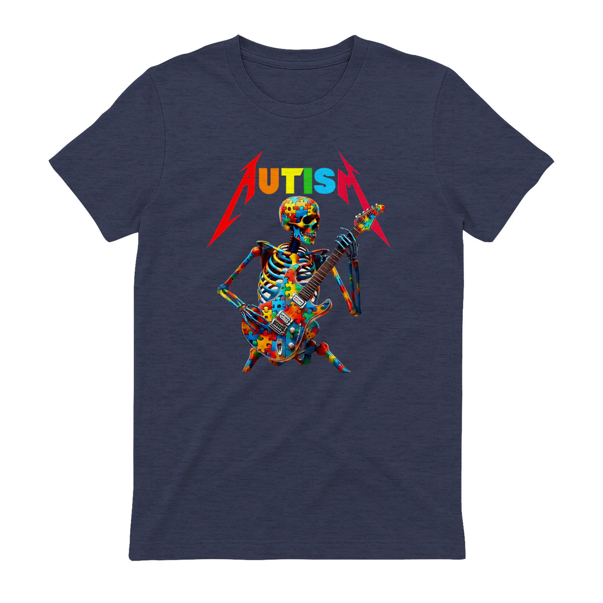 Autism Skeleton Guitar Player Rock Music Autism Awareness in Heather Navy - back view