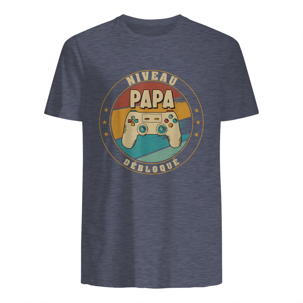 Nouveau Papa Parents Humour Gamer Nouvelle Naissance Annonce T-Shirt in Heather Navy - back view