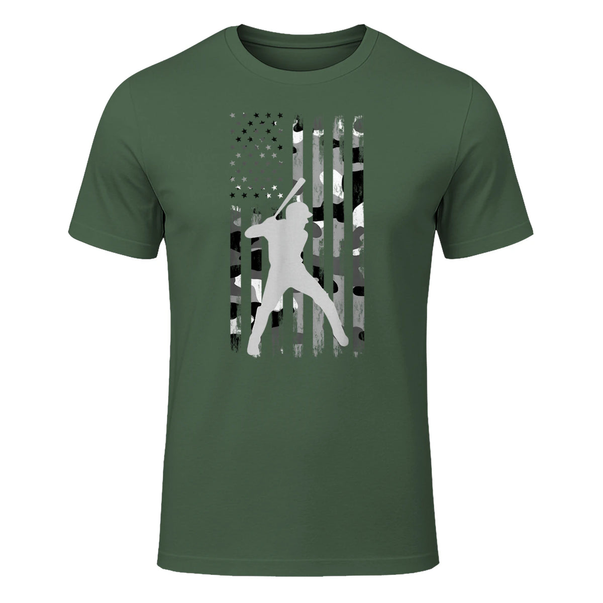 Baseball Player American Flag USA Camo Patriotic Graphic T-Shirt in Military Green - front view
