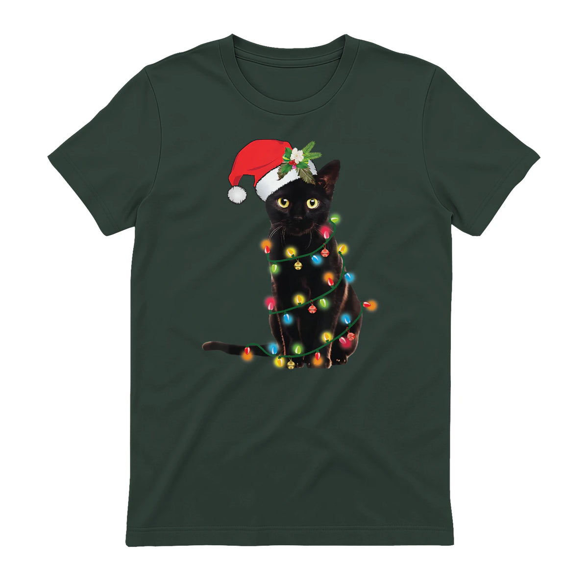 Santa Black Cat Tangled Up In Christmas Tree Lights Holiday in Forest Green - back view