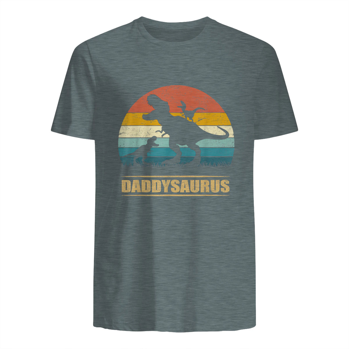 Daddy Dinosaur Daddysaurus Two Kids Funny Father's Day T-Shirt in Dark Heather - back view
